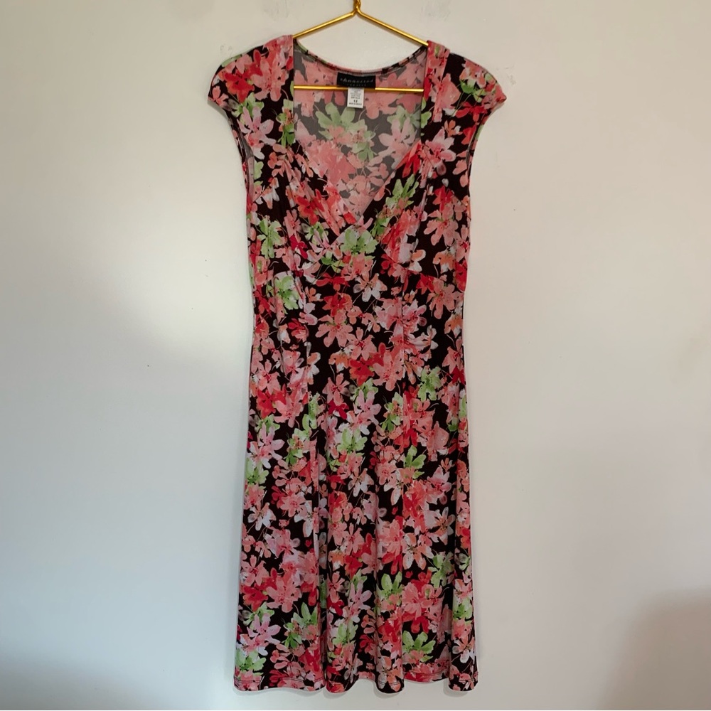 Connected Apparel Pink and Green Floral Midi Dress Size 12